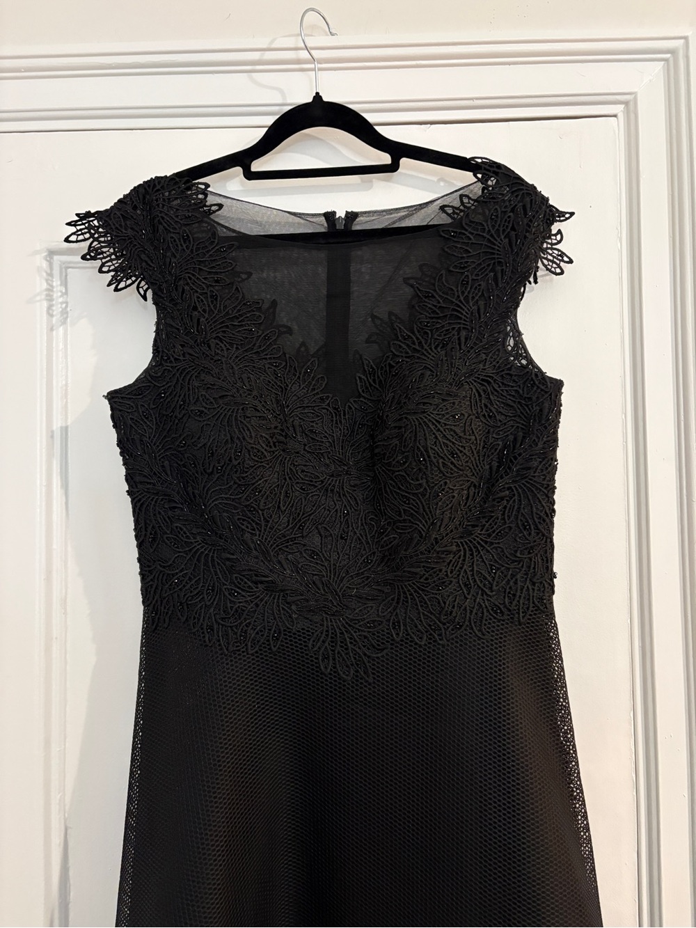 Teri Jon Black Lace Midi Dress with Floral Appliqué